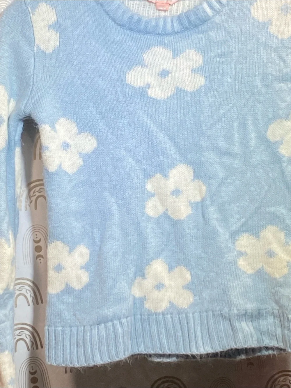 Girls Light Blue Floral Knit Crewneck Sweater